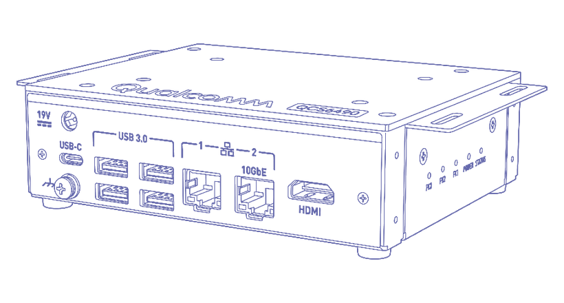 Qualcomm QCS6490 edge box — periwinkle line drawing of the chassis and front I/O
